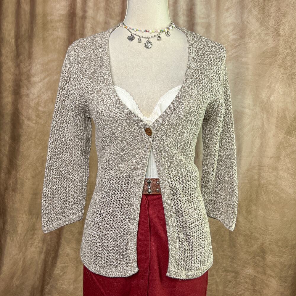 Y2K Crochet Cardigan Sweater Knit 3/4 Sleeve Tan One Button Boho Folk Coastal